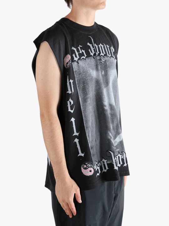 Black t-shirt worn by a person, showing the t-shirt's fit