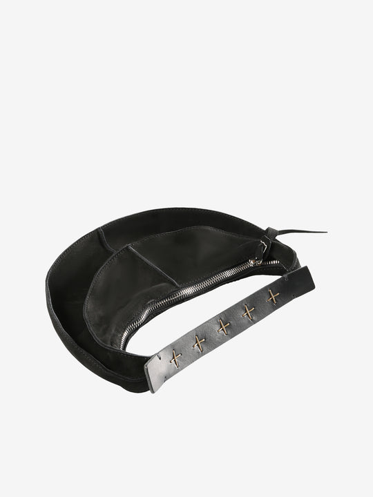 Close up of the black bag, showing texture of the leather fabric