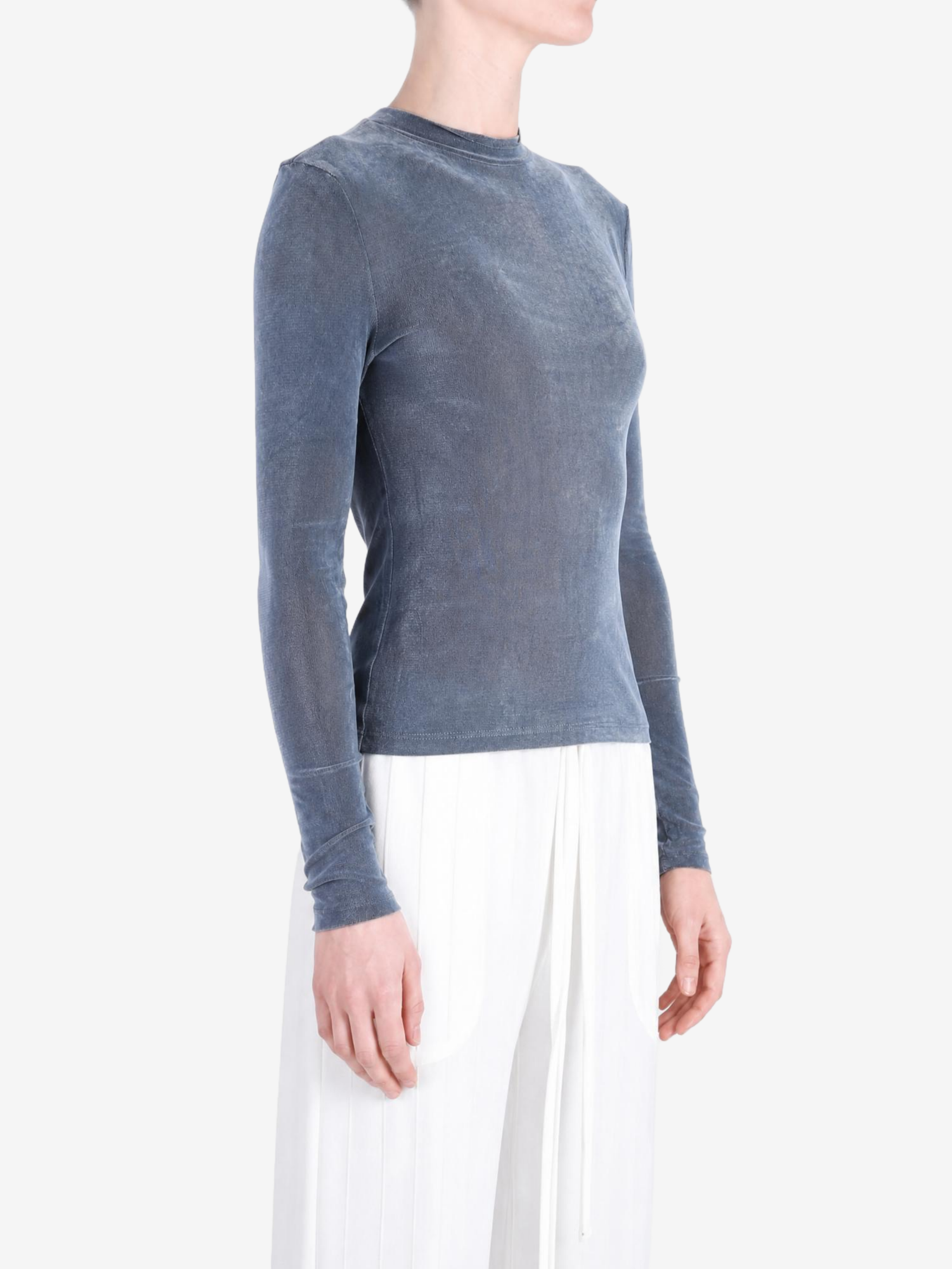 Blue top, full body view