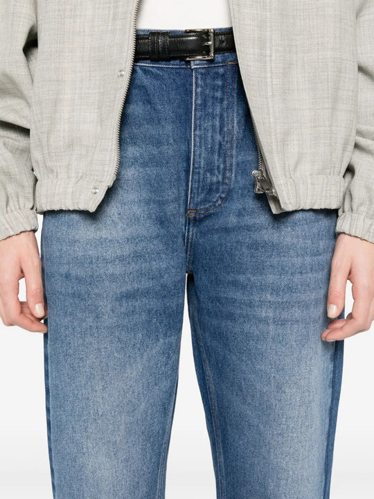 Close up of blue jeans, showing texture of the cotton fabric