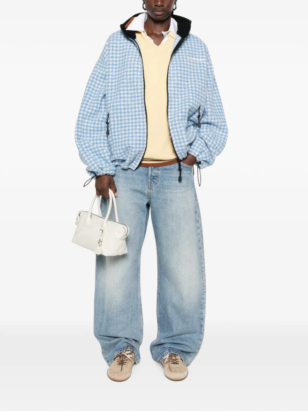 Blue jacket, full body view