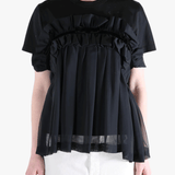 Black t-shirts worn by a person, showing the t-shirts fit