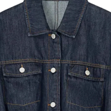 Close up of navy jackets-coats, showing texture of the cotton fabric