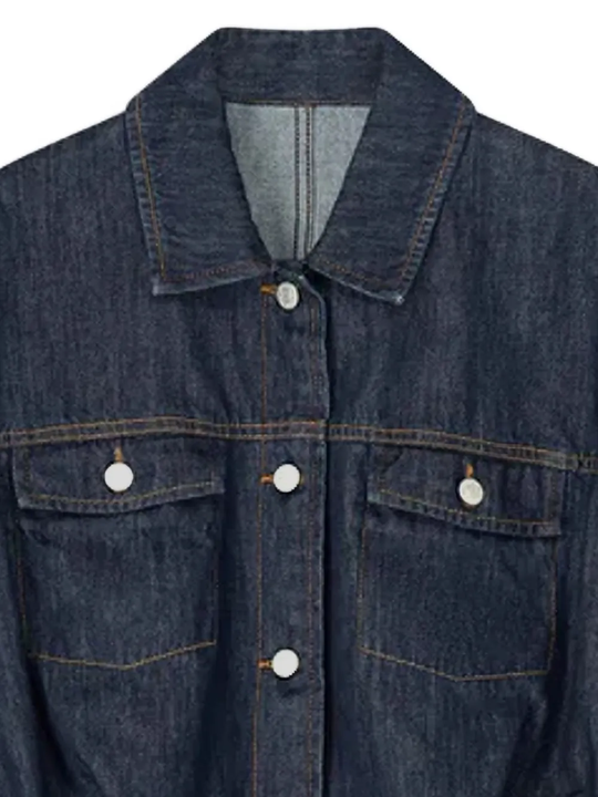 Close up of navy jackets-coats, showing texture of the cotton fabric