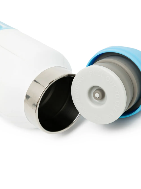 Close up of white cup,showing texture of the stainless steel fabric