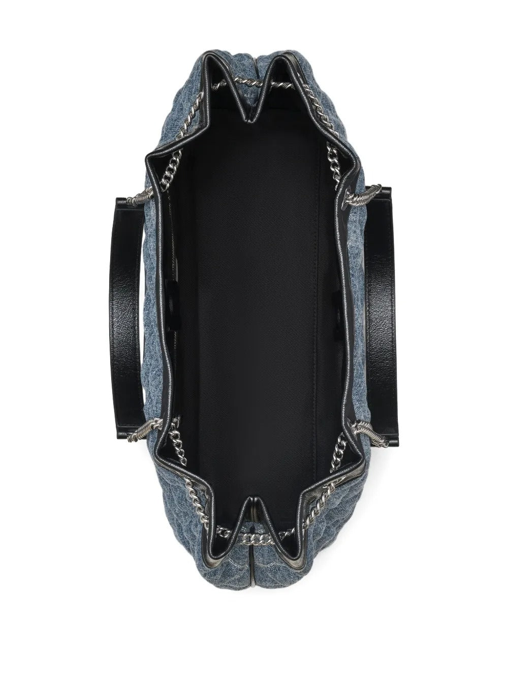 Close up of the blue bag, showing texture of the cotton fabric