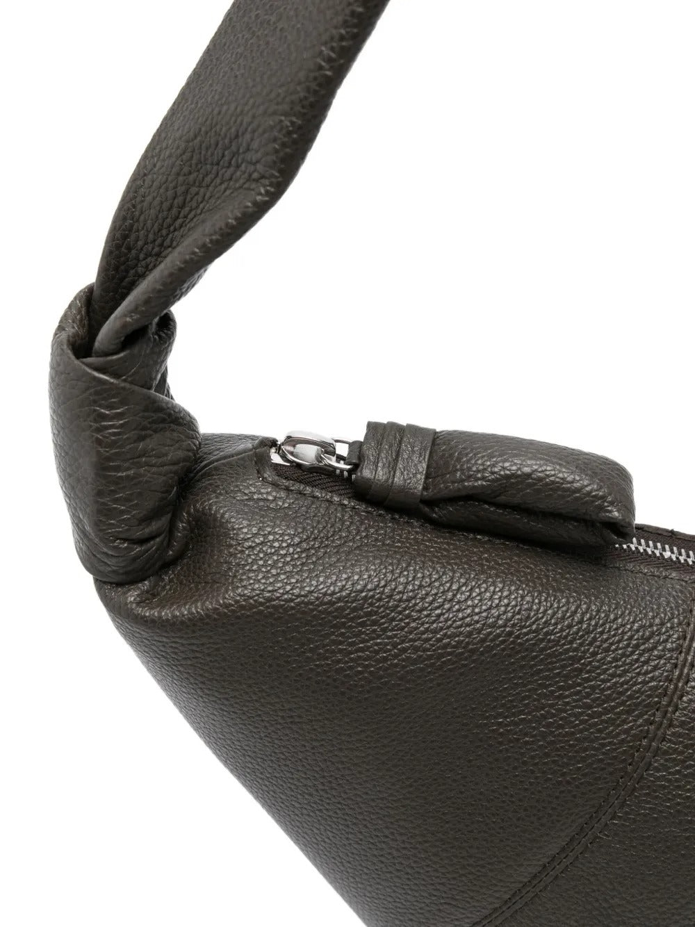 Close up of the grey bag, showing texture of the leather fabric