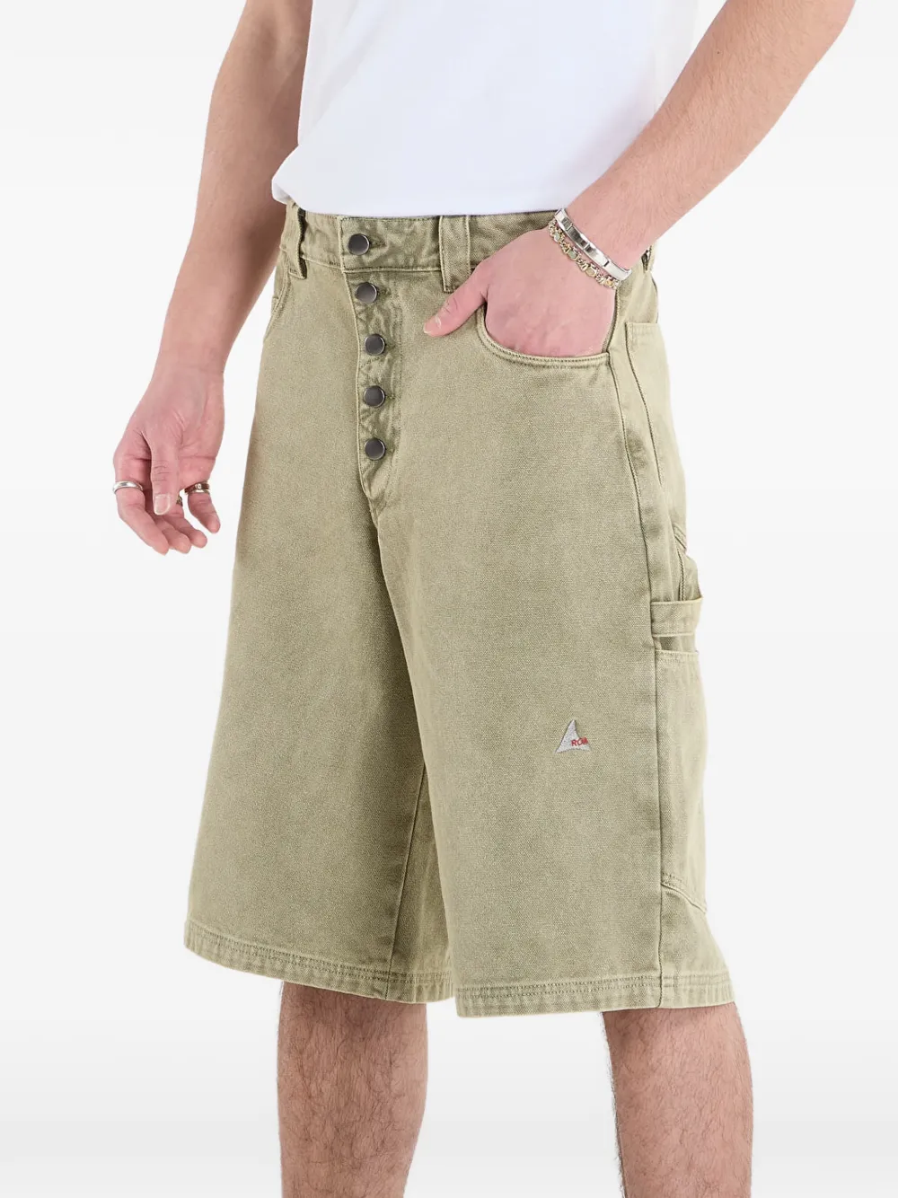 Green shorts worn by a person, showing the shorts fit