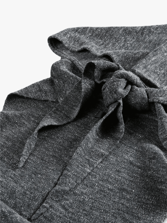Close up of gray scarf,showing texture of the hemp fabric