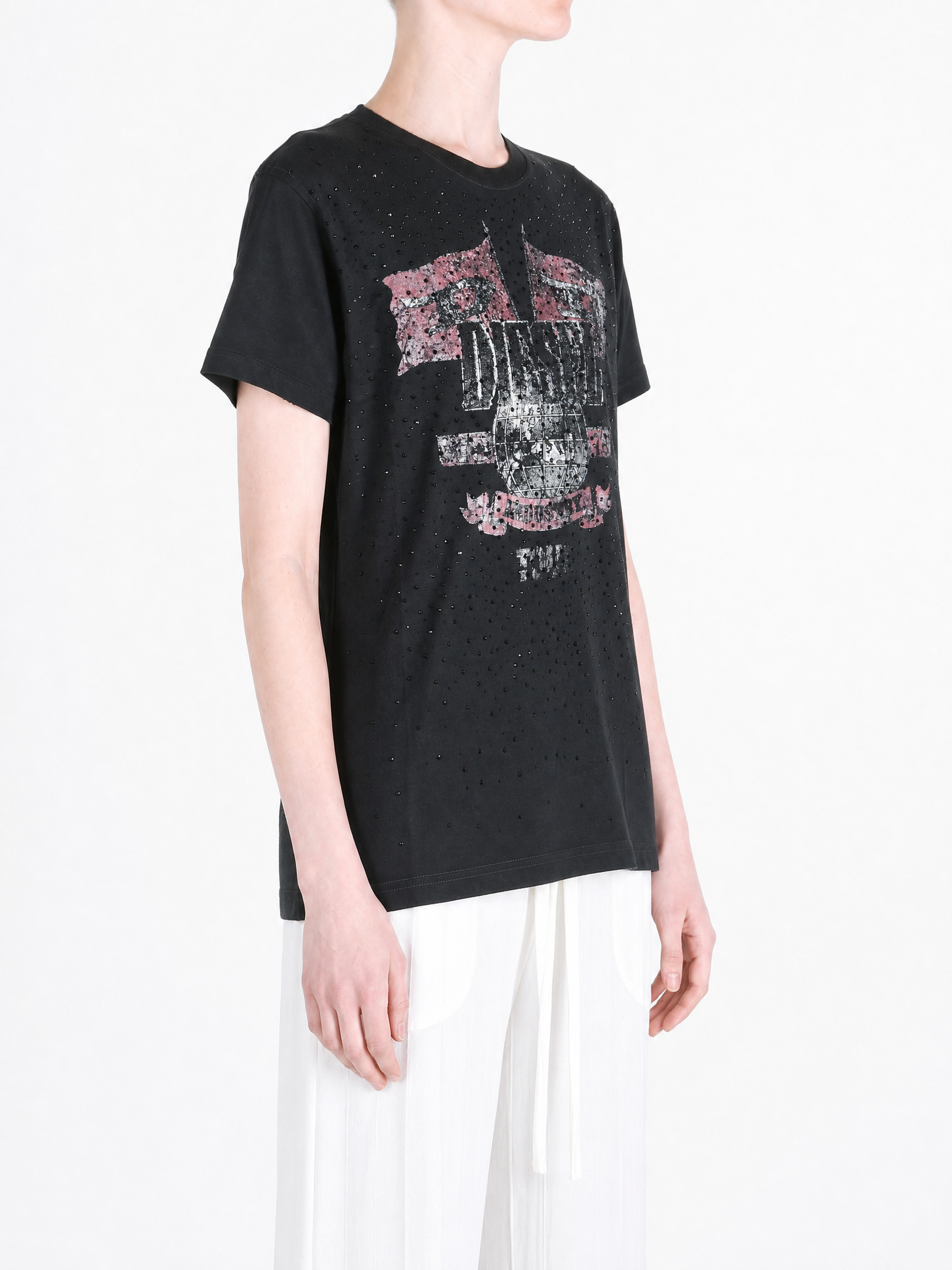 Black t-shirt worn by a person, showing the t-shirt fit