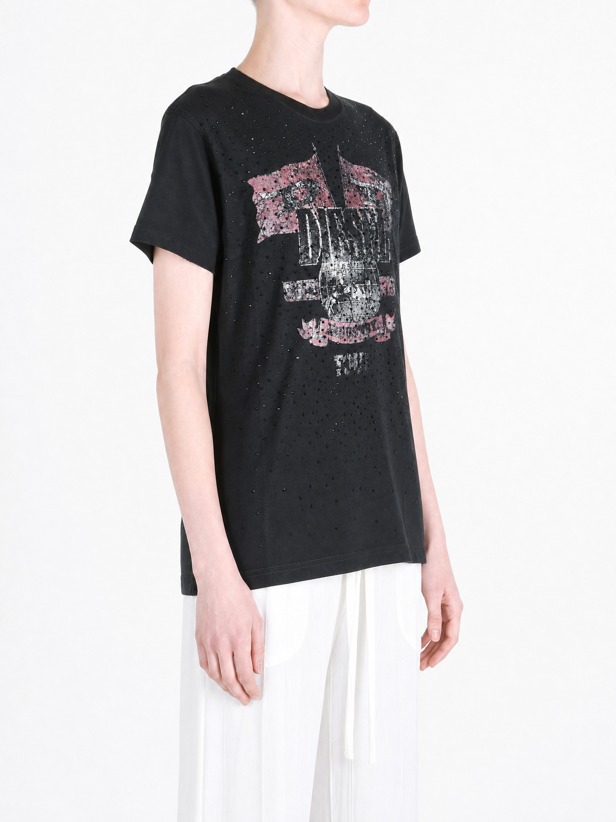 Black t-shirt worn by a person, showing the t-shirt fit