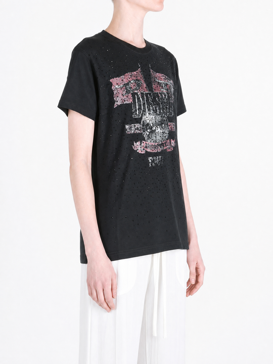 Black t-shirt worn by a person, showing the t-shirt fit