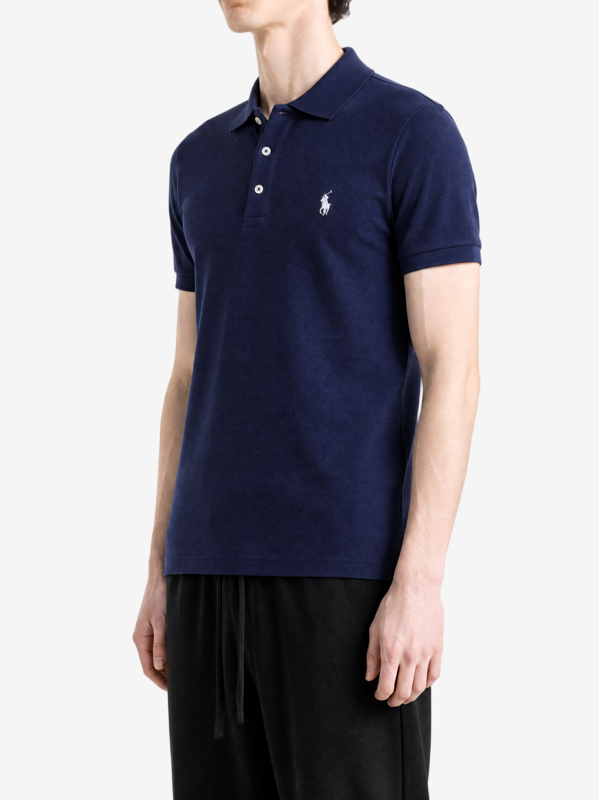 Navy t-shirt worn by a person, showing the t-shirt fit
