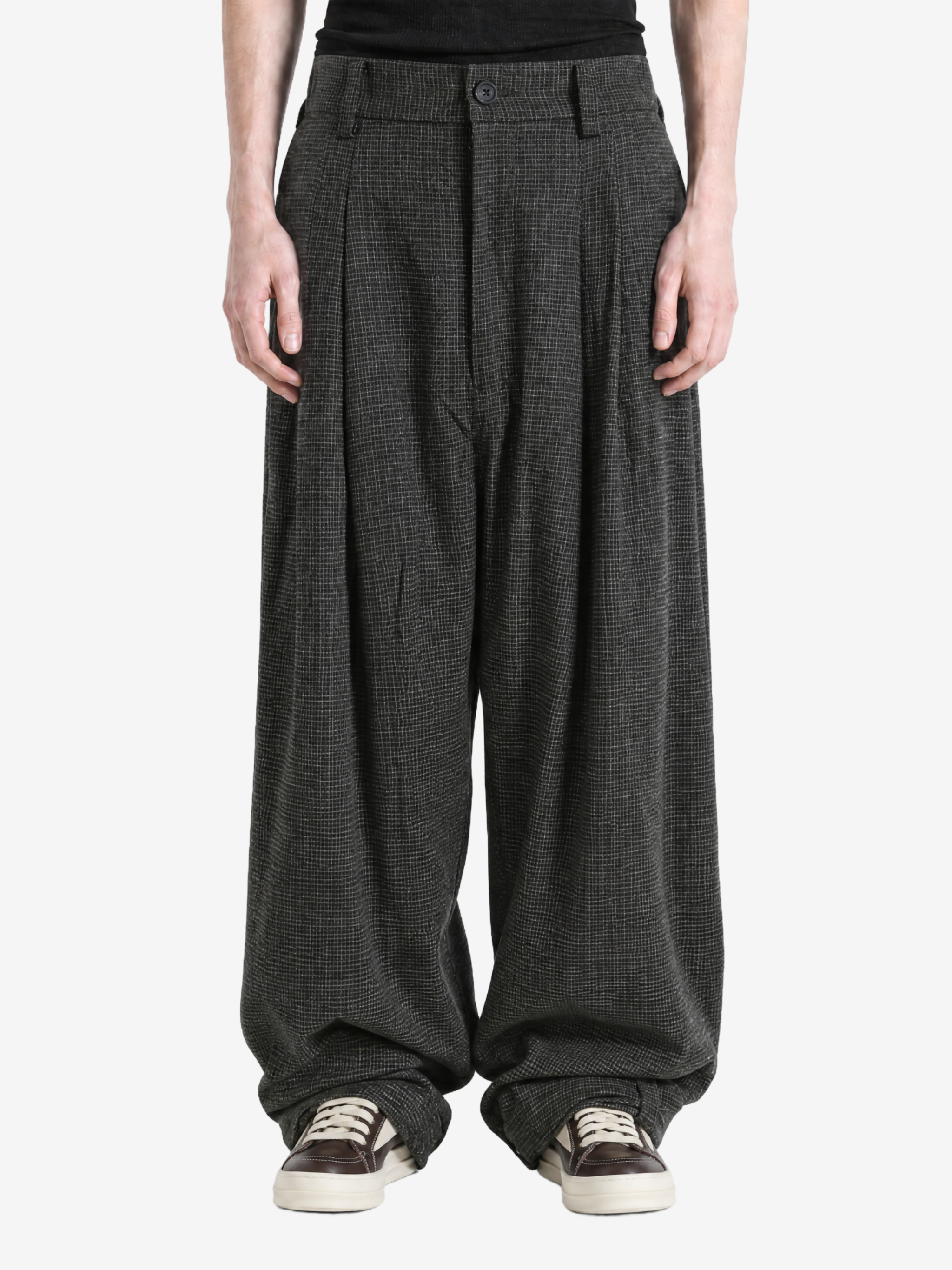 Grey pants, full body view