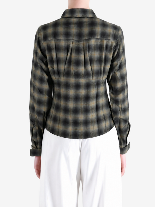 Brown shirt worn by a person, showing the shirt fit
