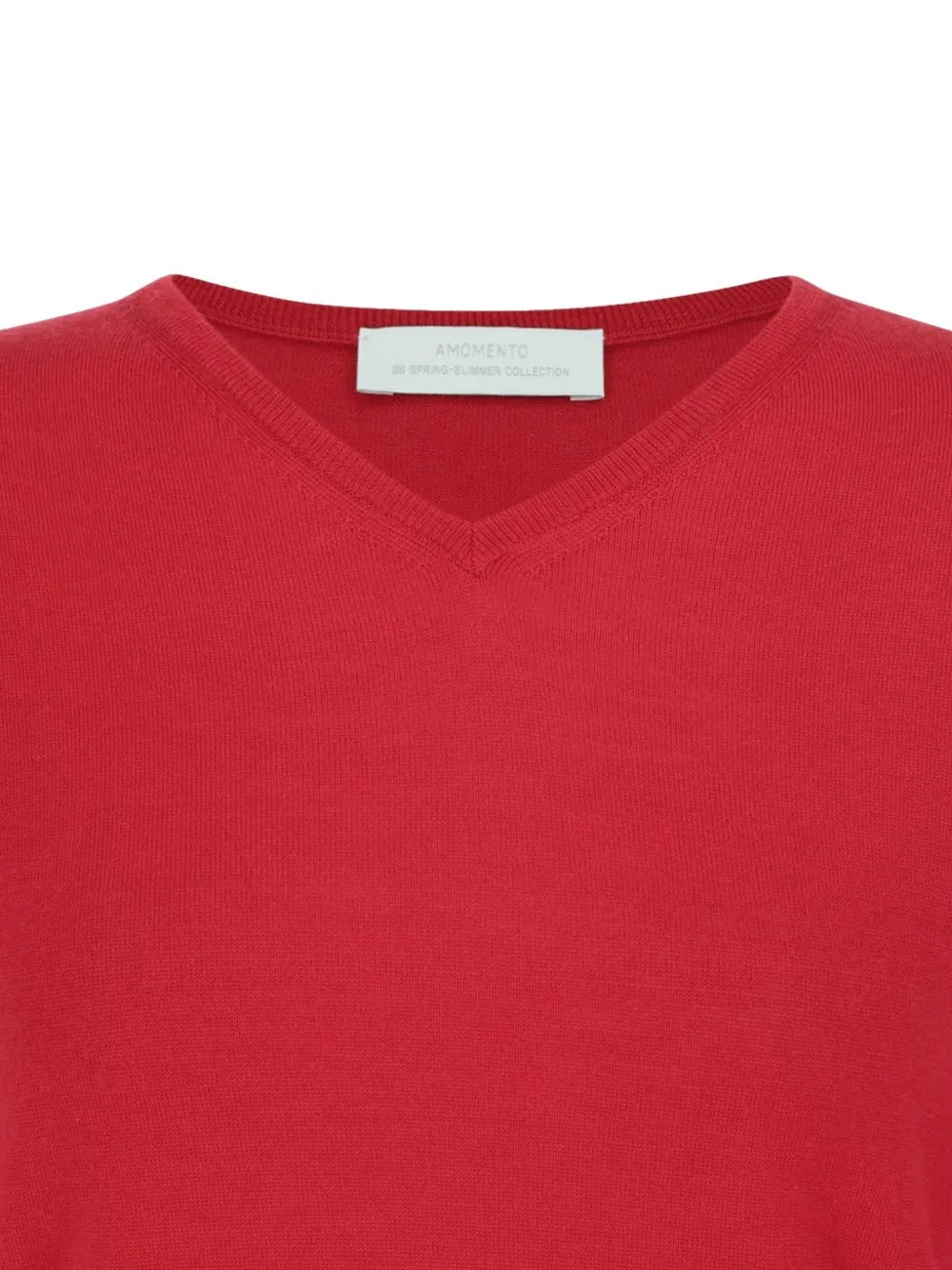 Close up of red knitwear, showing texture of the wool fabric