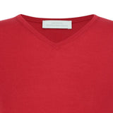 Close up of red knitwear, showing texture of the wool fabric