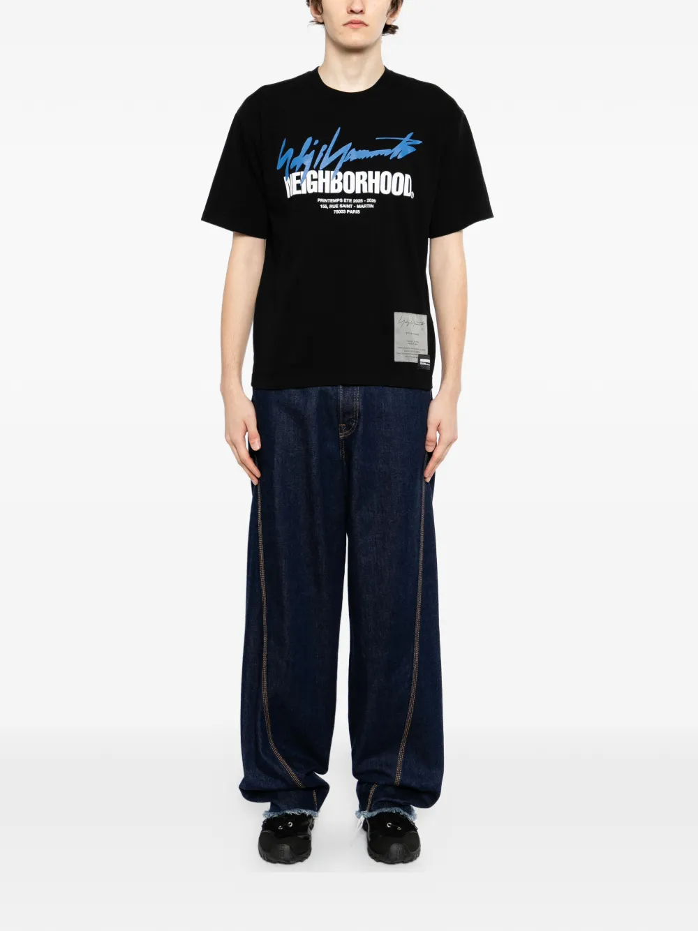 Black t-shirt, full body view