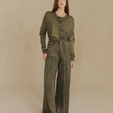 Green pants, full body view