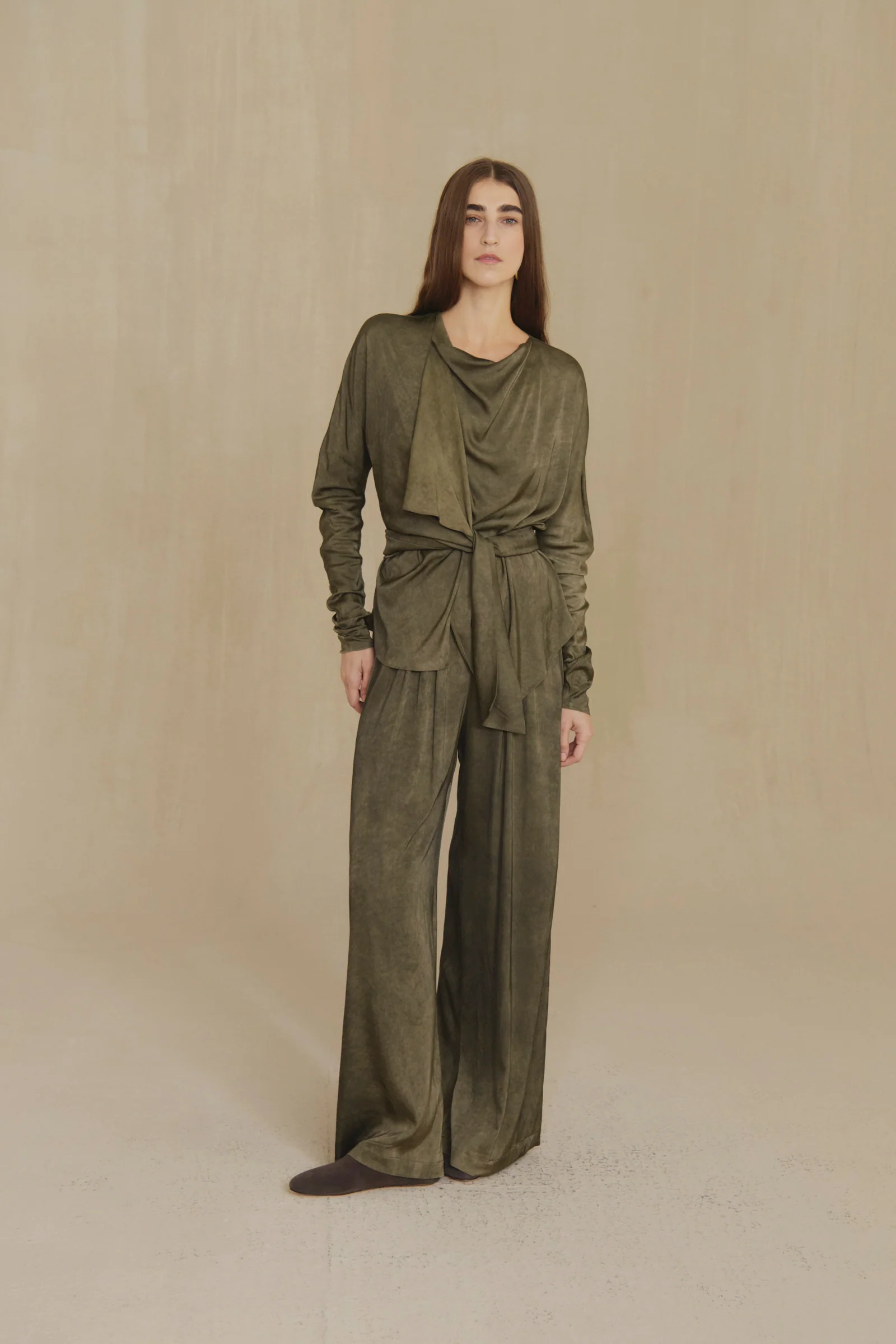 Green pants, full body view