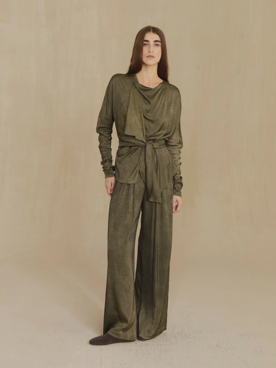 Green pants, full body view