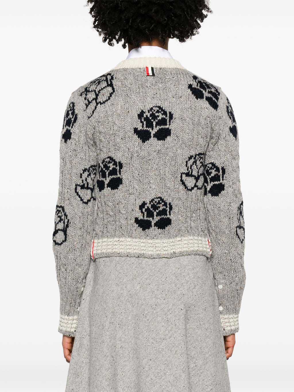 THOM BROWNE - Women Rose Intarsia And Cable Check Cropped Crew Neck Cardigan