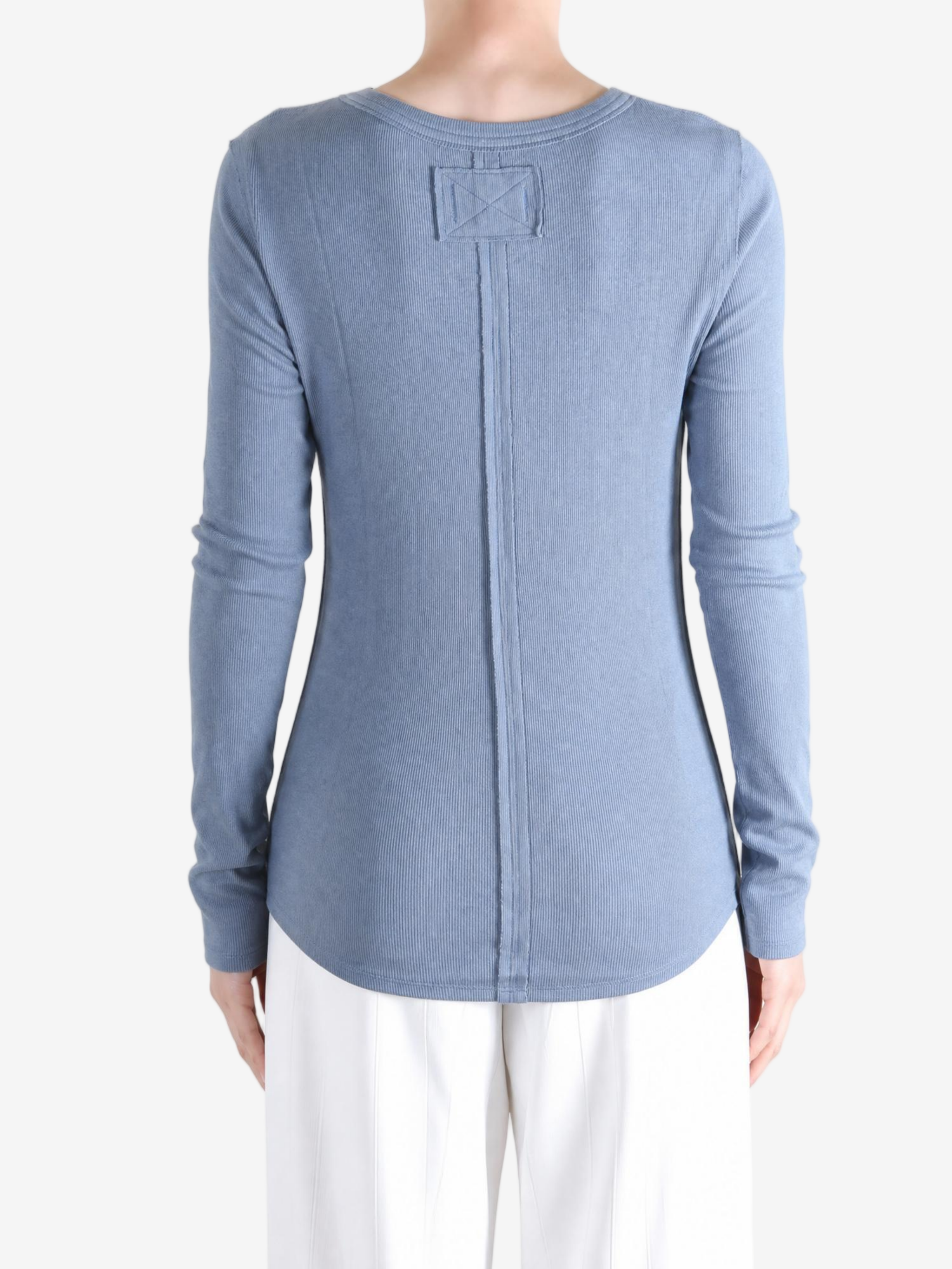 Blue shirt, full body view