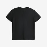 Black t-shirt, back view showing relaxed fit