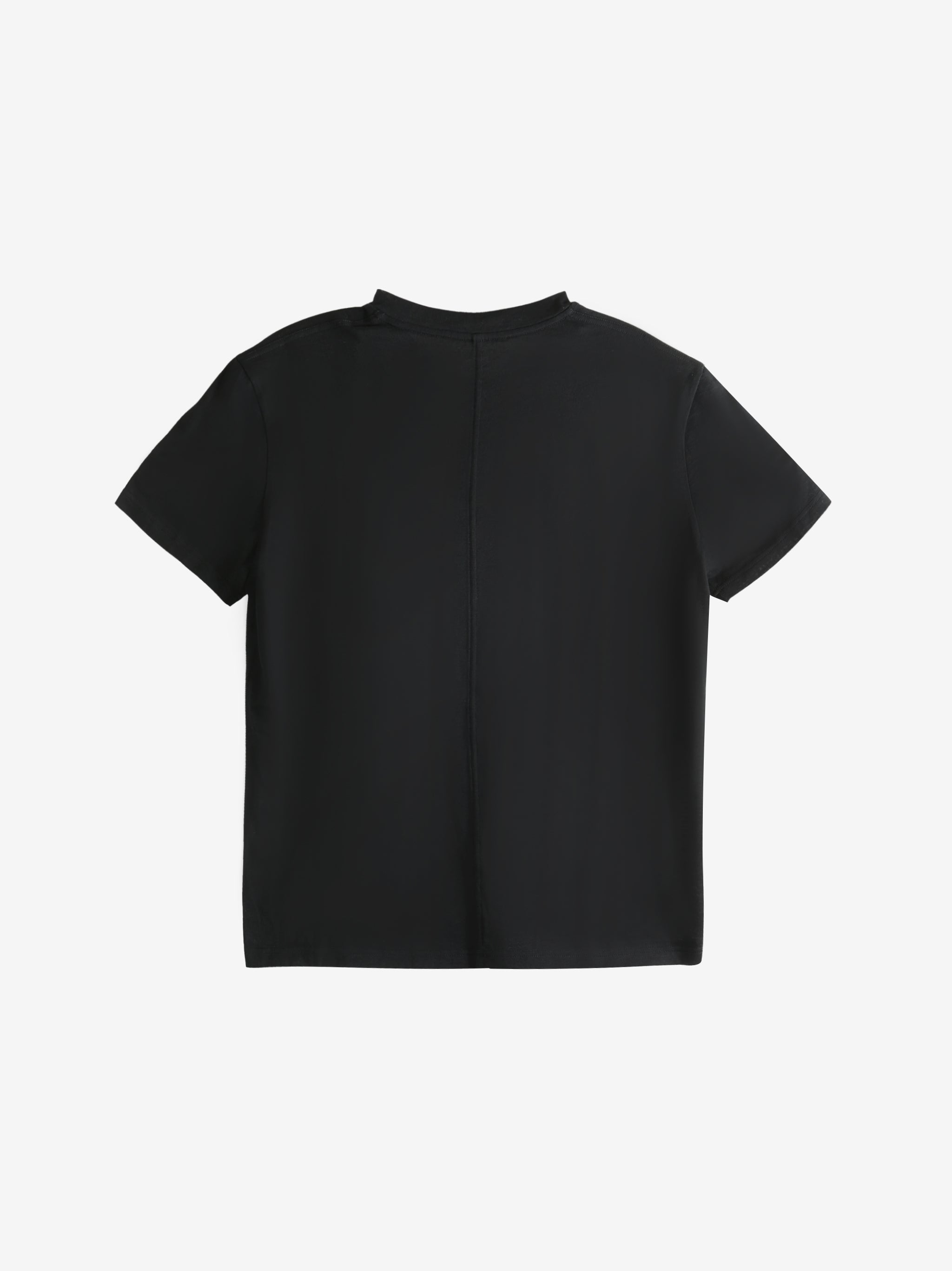 Black t-shirt, back view showing relaxed fit