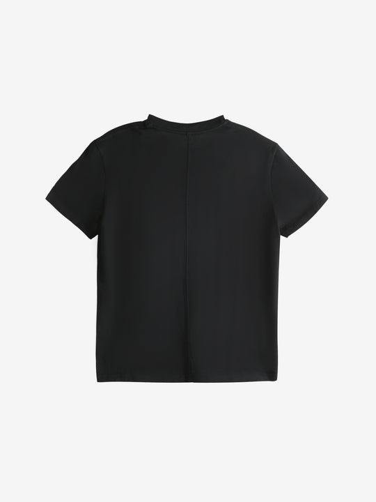 Black t-shirt, back view showing relaxed fit