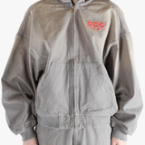 Grey hoodie, worn by a person, showing the hoodies fit