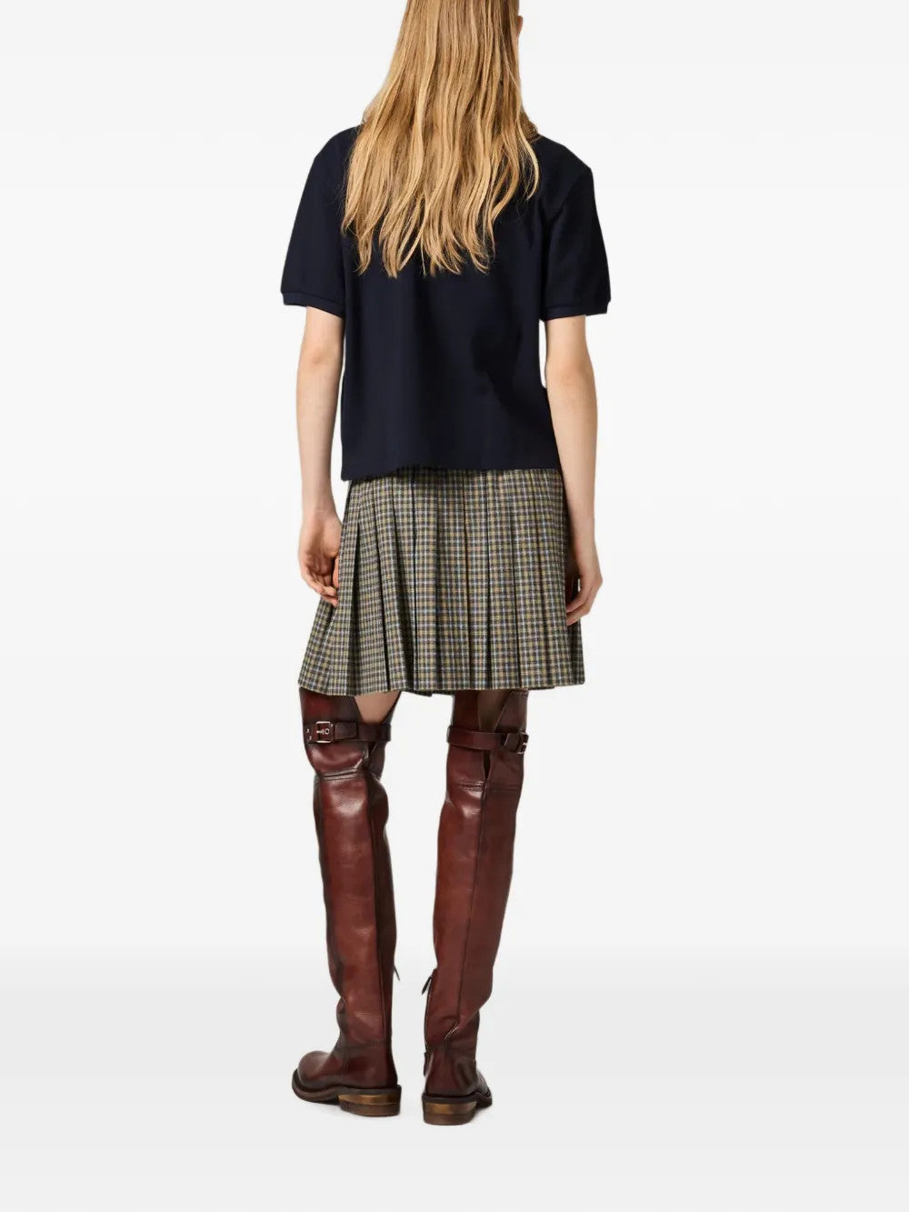 Navy shirt, full body view