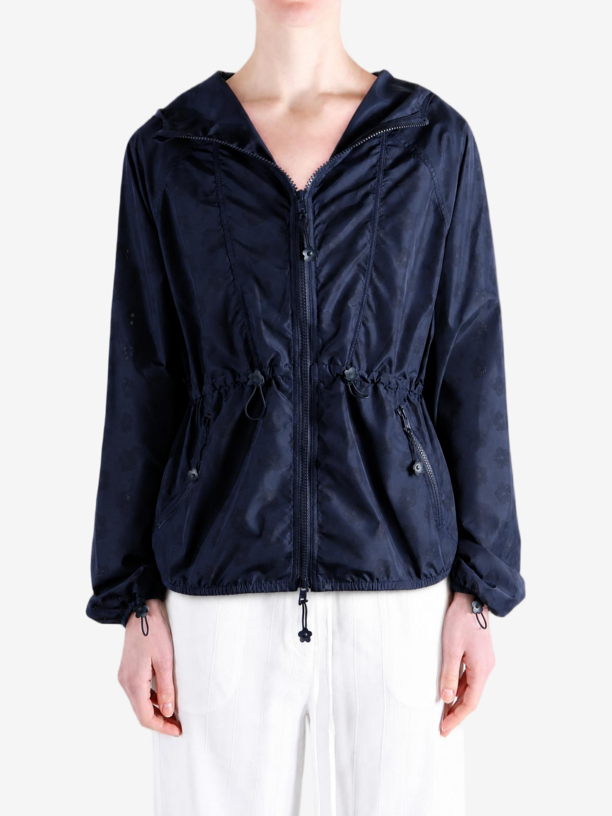 Navy jacket worn by a person, showing the jacket fit