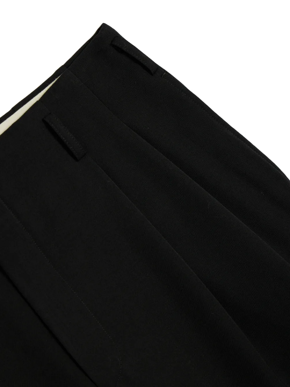 Close up of black pants, showing the detail on the waist