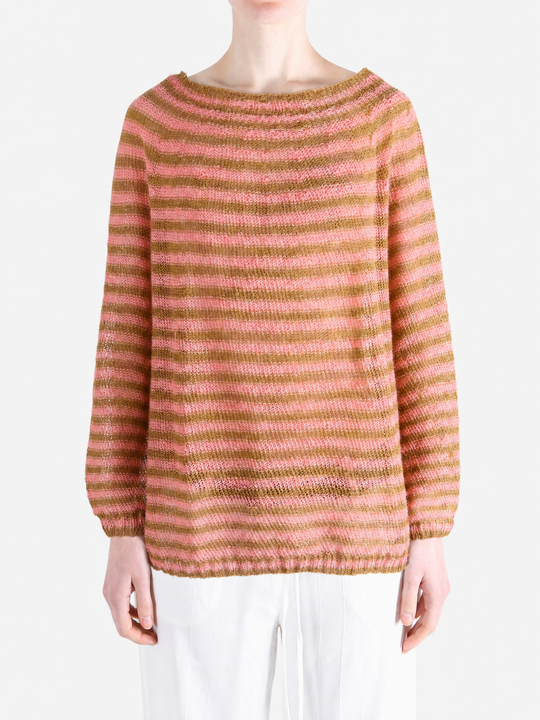 Pink knitwear worn by a person, showing the knitwear fit