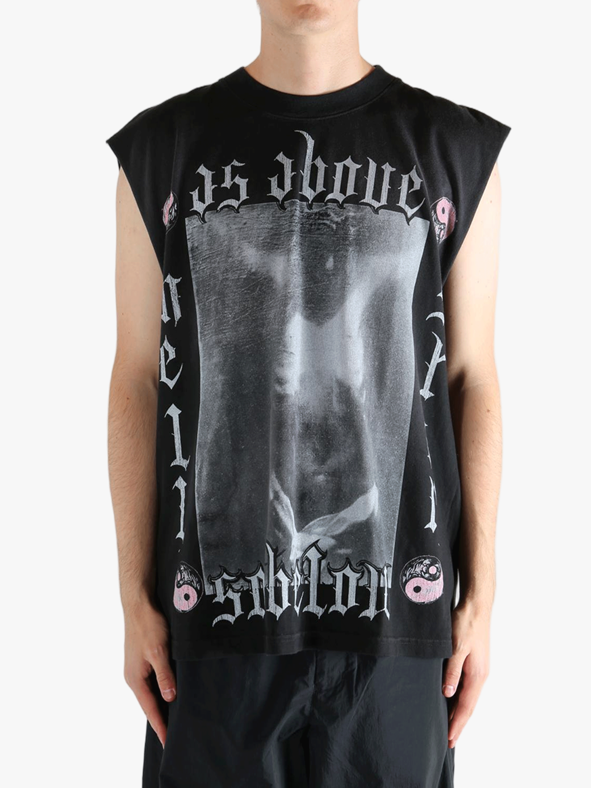 Black t-shirt worn by a person, showing the t-shirt's fit