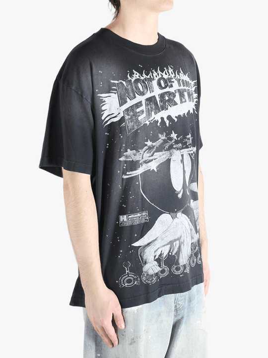 Black t-shirts worn by a person, showing the t-shirts fit