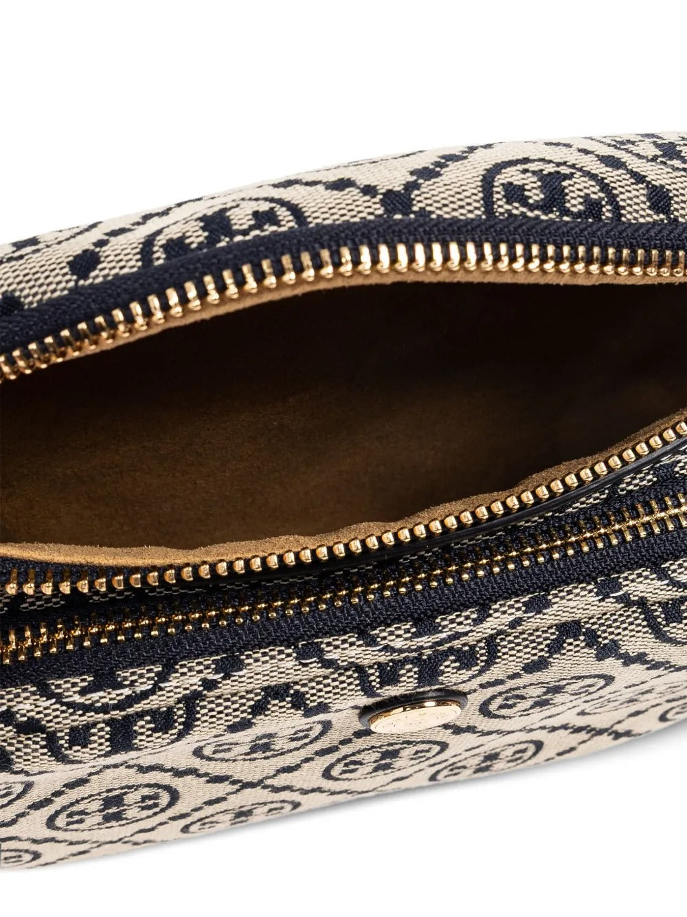 Close up of navy bag, showing top zip fastening