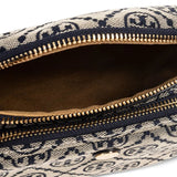 Close up of navy bag, showing top zip fastening