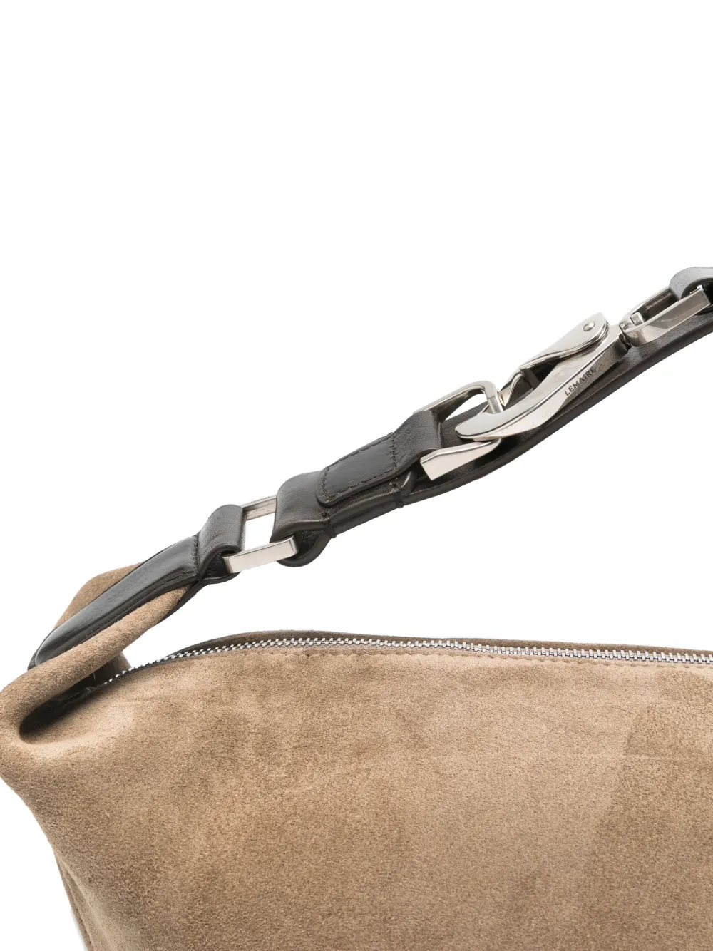 close up of brown bags, showing texture of the calf suede fabric