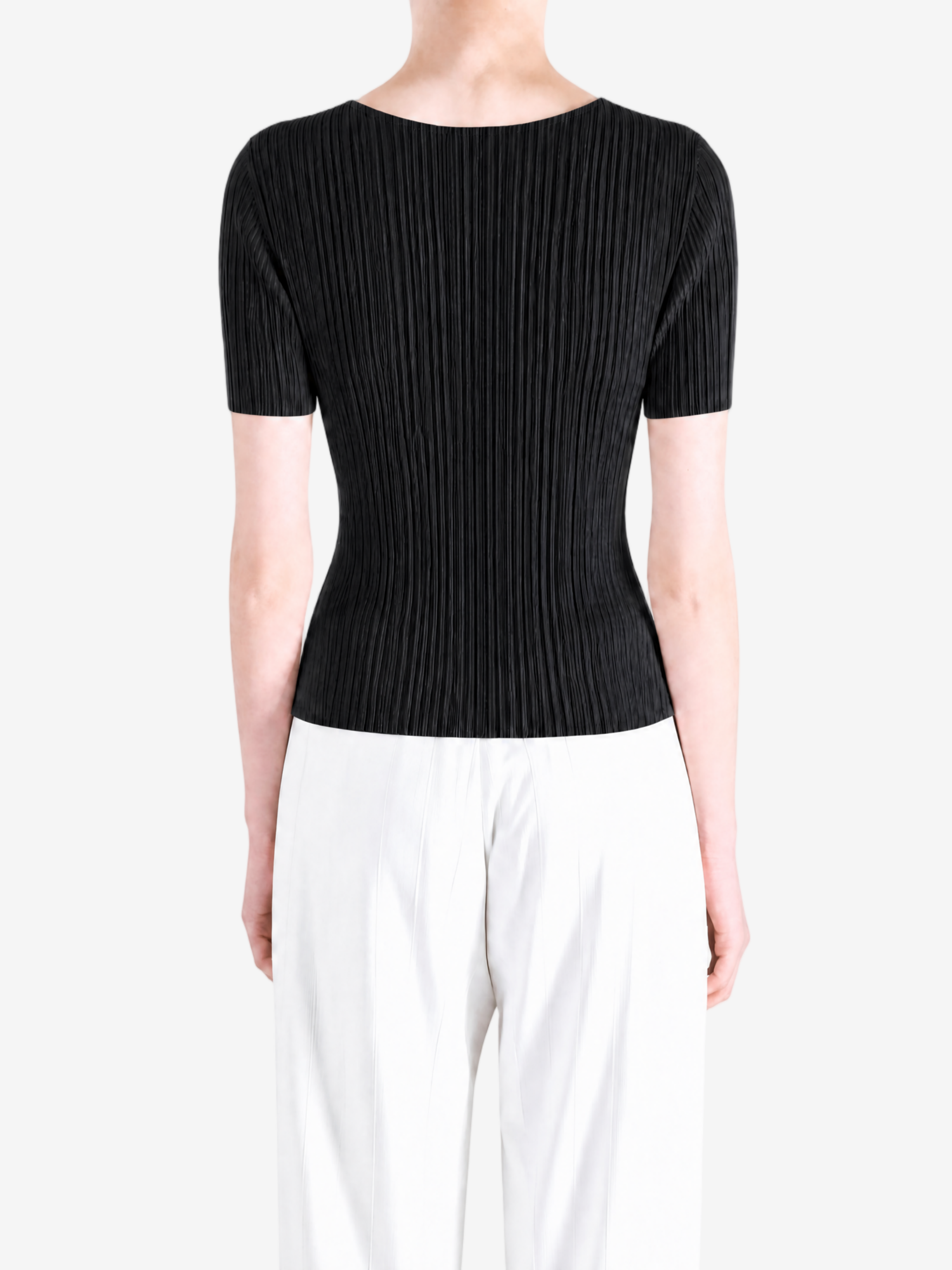 Black shirt worn by a person, showing the shirt fit