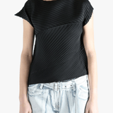 Black shirt worn by a person, showing the shirt's fit