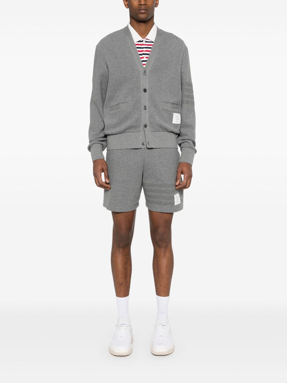 THOM BROWNE - Men Textured Cotton V Neck Cardigan