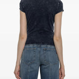 Navy top, full body view