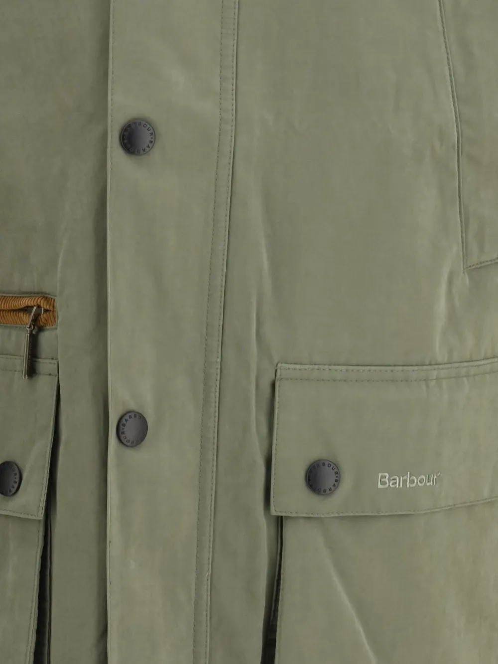 Close up of green jacket, showing texture of the cotton fabric