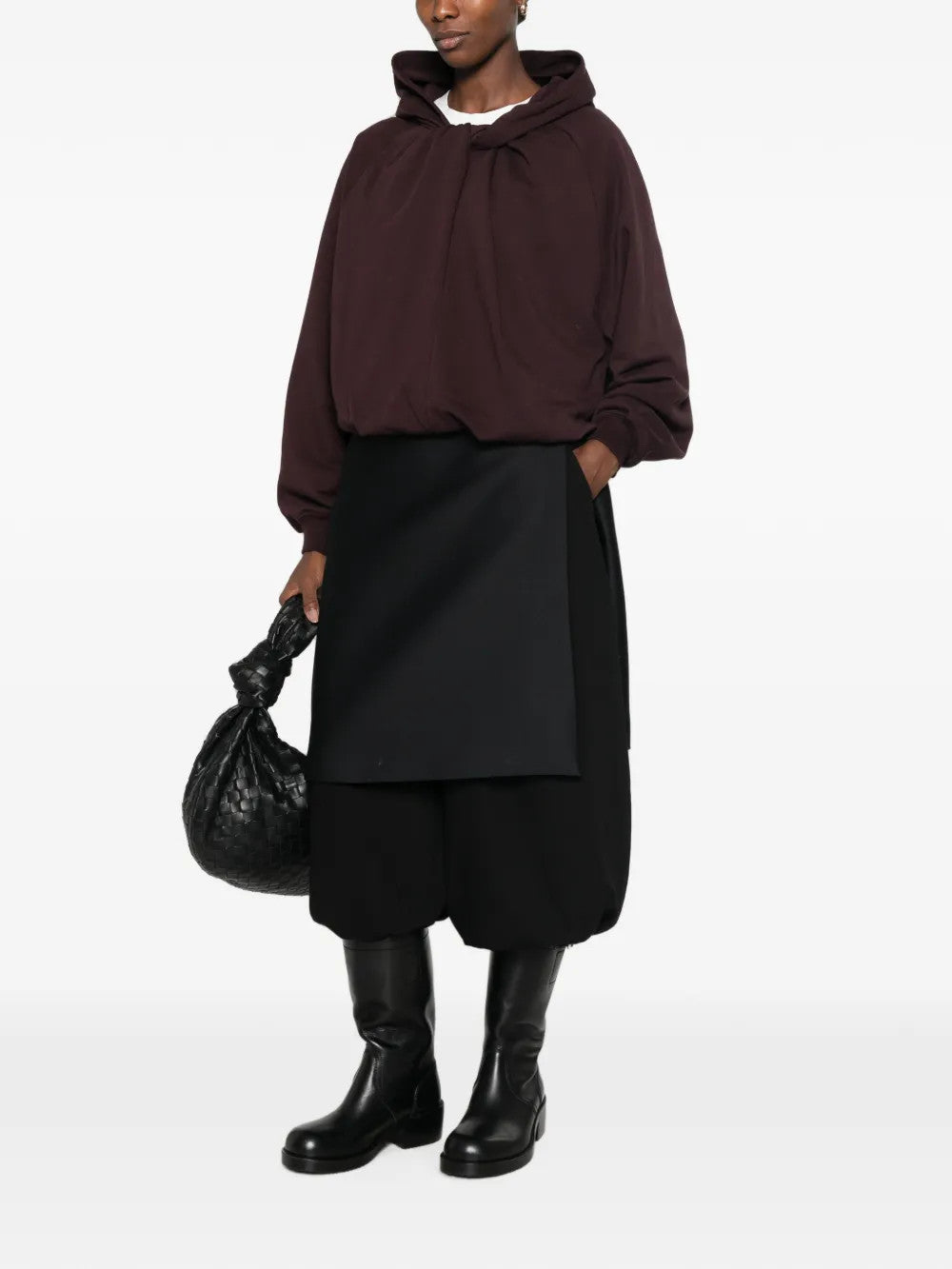Burgundy hoodie, full body view