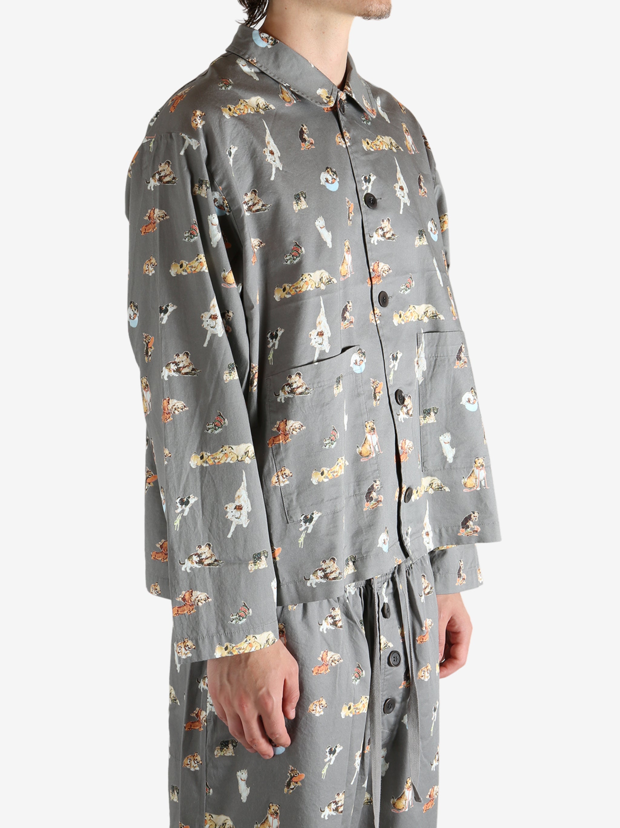 Grey pajama worn by a person, showing the pajama's fit