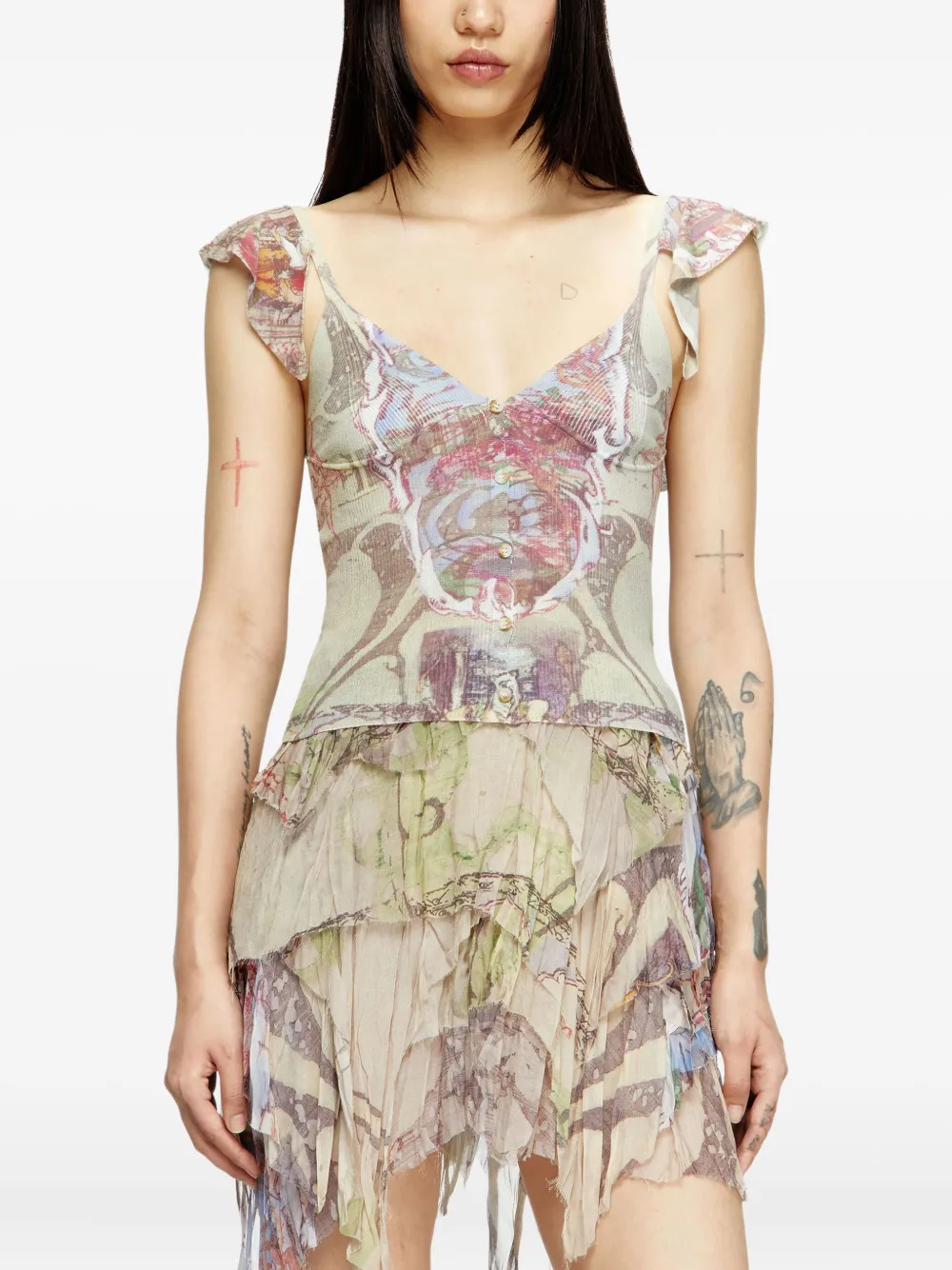 Brown knitwear worn by a person, showing the knitwear's fit