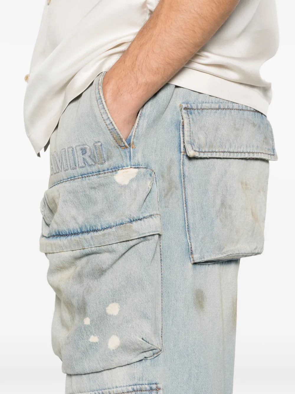 Close up of the blue jeans, showing texture of the cotton fabric