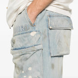 Close up of the blue jeans, showing texture of the cotton fabric